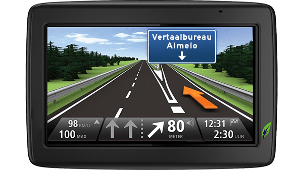 Vertaalbureau in Almelo - Goed op weg met Vertaalbureau Dagnall Screenshot navigatiesysteem met tekst Vertaalbureau Almelo aangegeven - in kleur op transparante achtergrond - 600 * 337 pixels